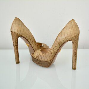 New Authentic Prada Croc Embossed Leather Peep-Toe Platform Pumps Shoes